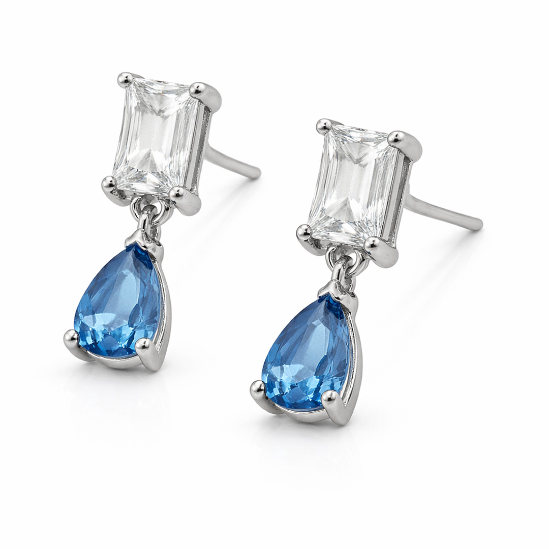 Emerald Cut & Blue Pear Drop Earrings