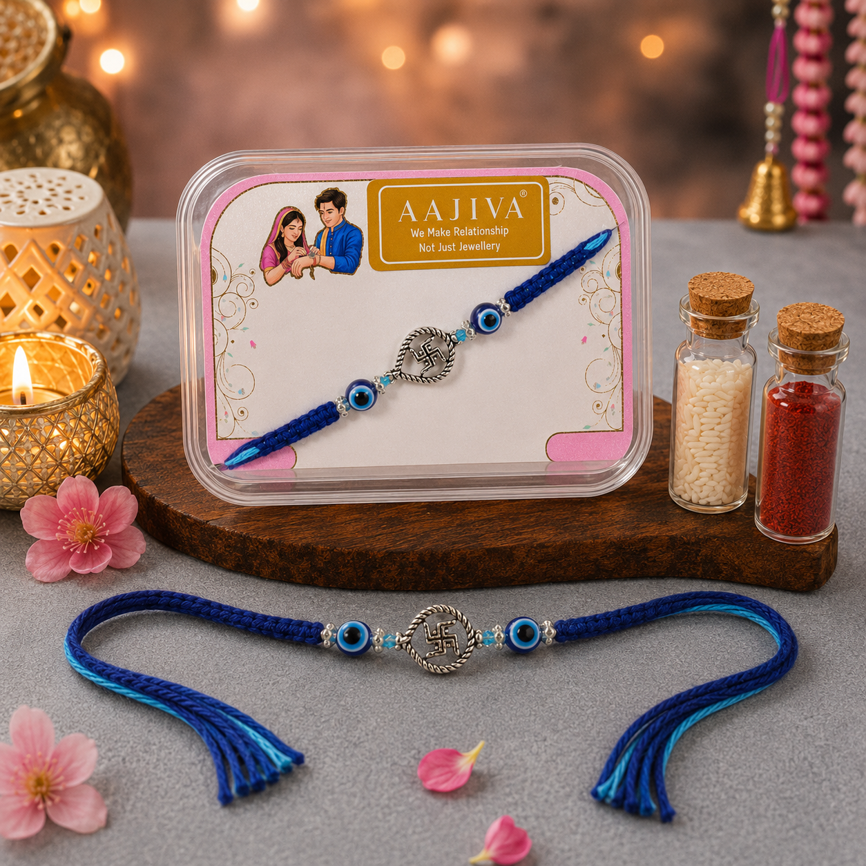 AAJIVA Swastik Charm Silver Rakhi - Blue