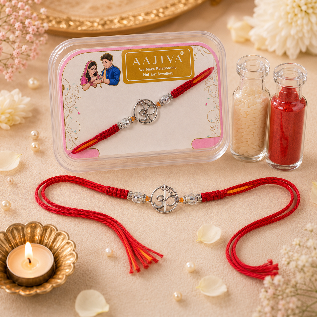 Om Vartul — Circular Silver Om Rakhi - Red and Yellow