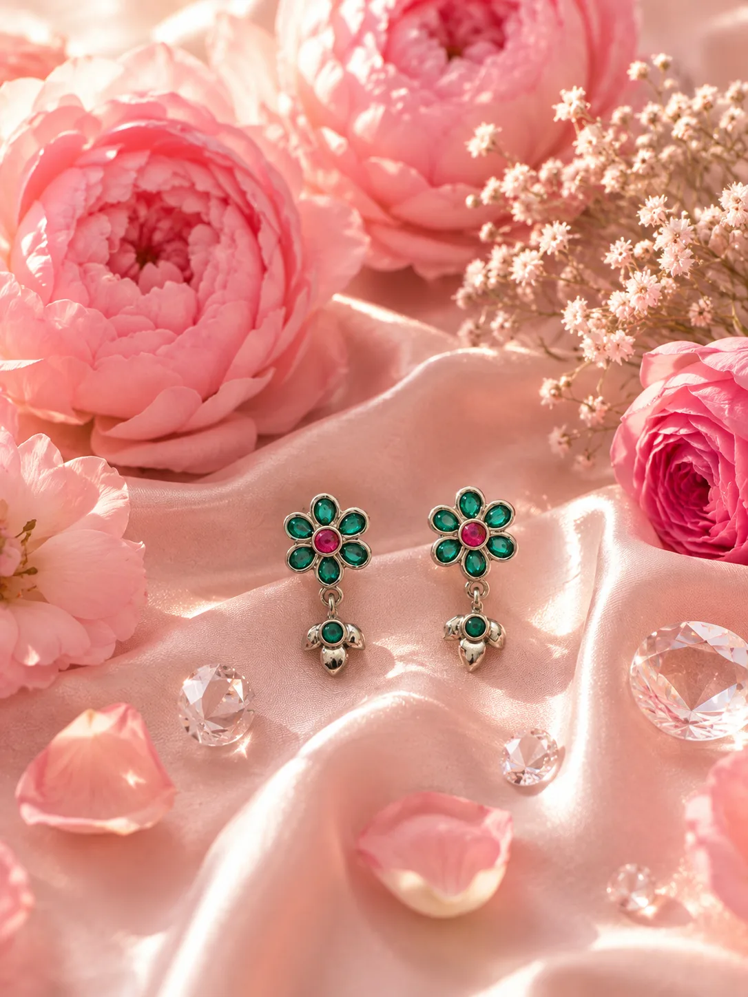 Emerald Flower & Petal Drop Earrings