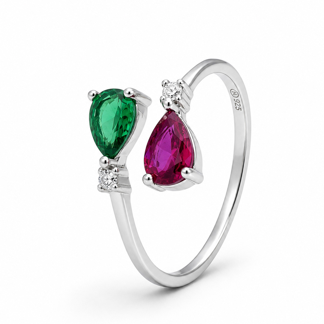 Duo Pear Ruby & Emerald Toe Ring (Pair)