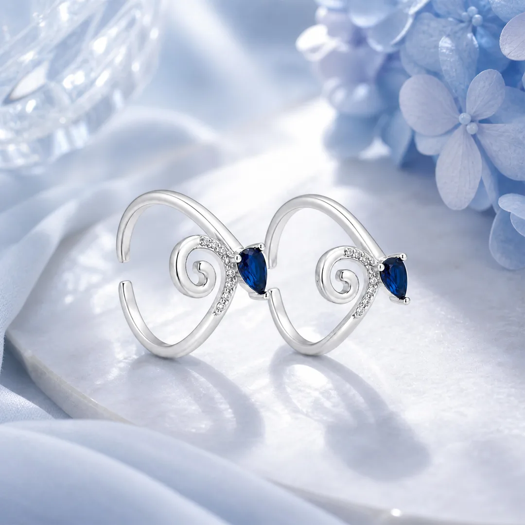 Vine Swirl Sapphire Blue Pear Open Cuff Toe Ring (Pair)