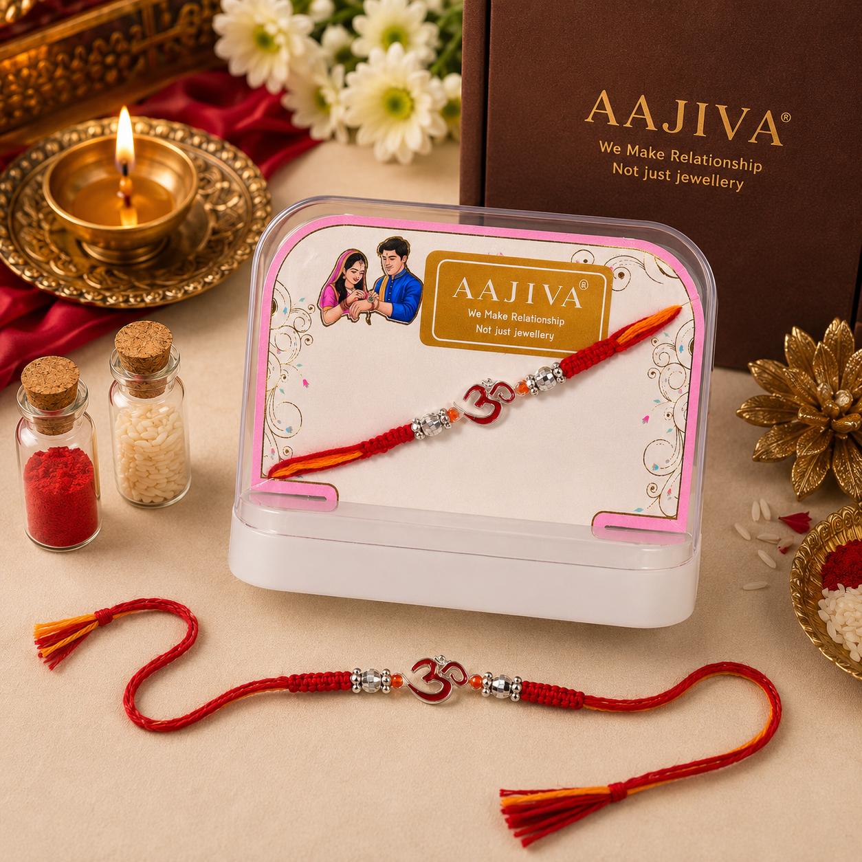 AAJIVA Rakshak Om Silver Rakhi - Red & Yellow