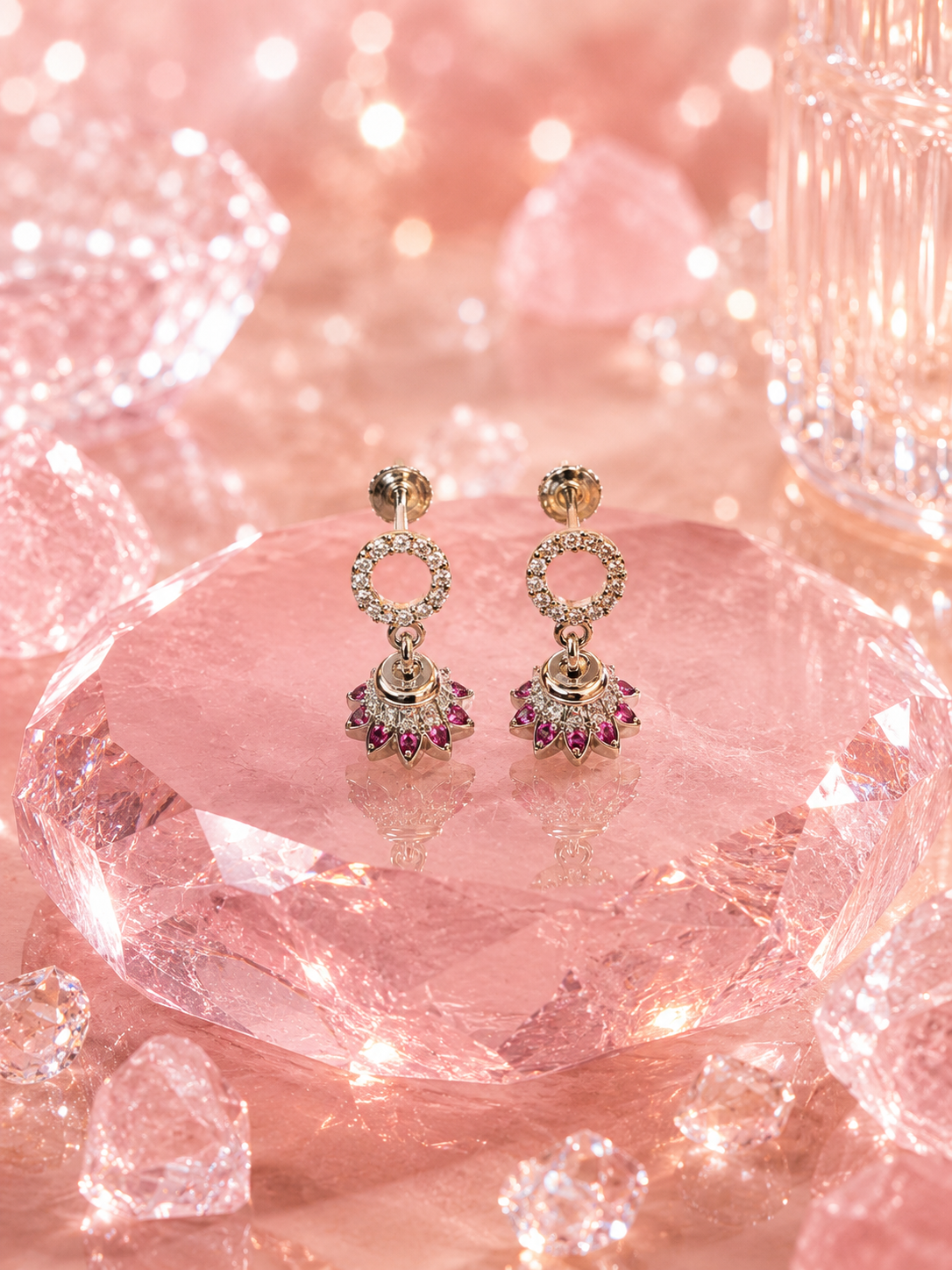 Pave Circle Fan Drop Earrings with Pink Accents