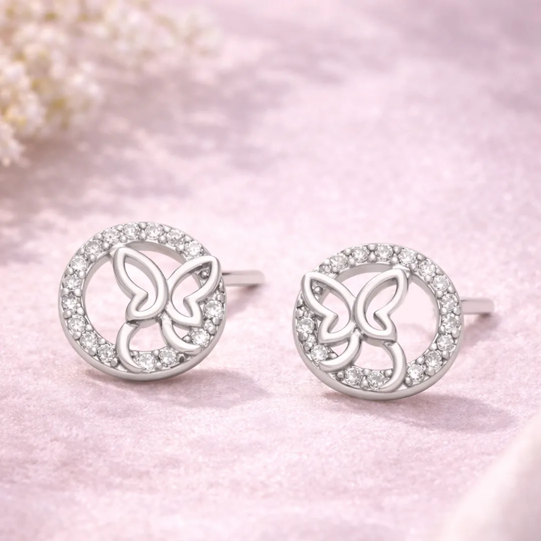 Open Butterfly Pave Circle Stud Earrings