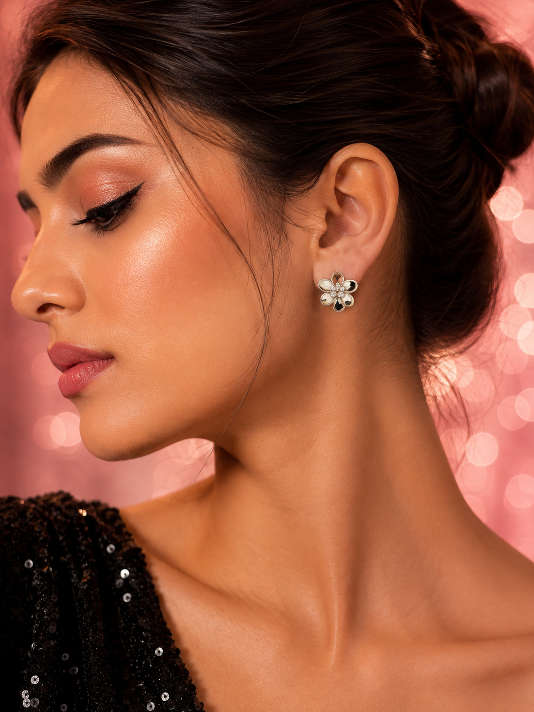 Enamel Flower Stud Earrings with Center Stone