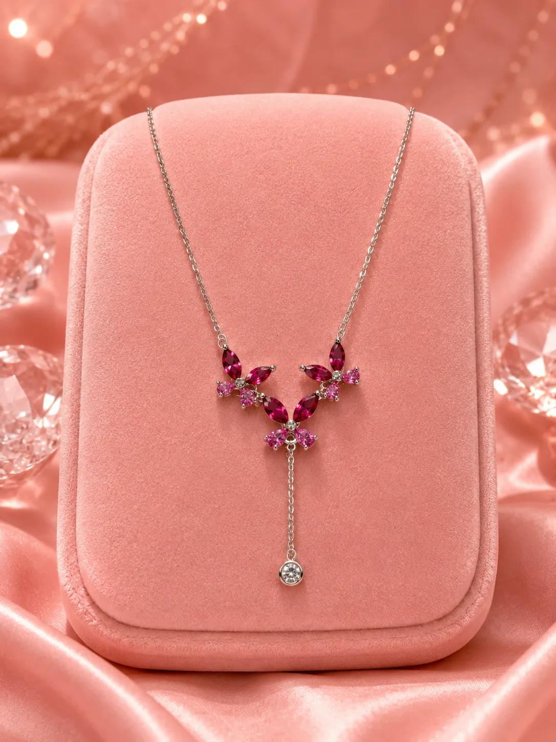 Magenta Ruby Twin Butterfly Necklace & Earring Set
