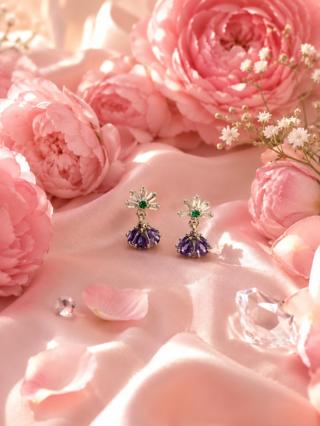 Baguette Fan & Amethyst Drop Earrings