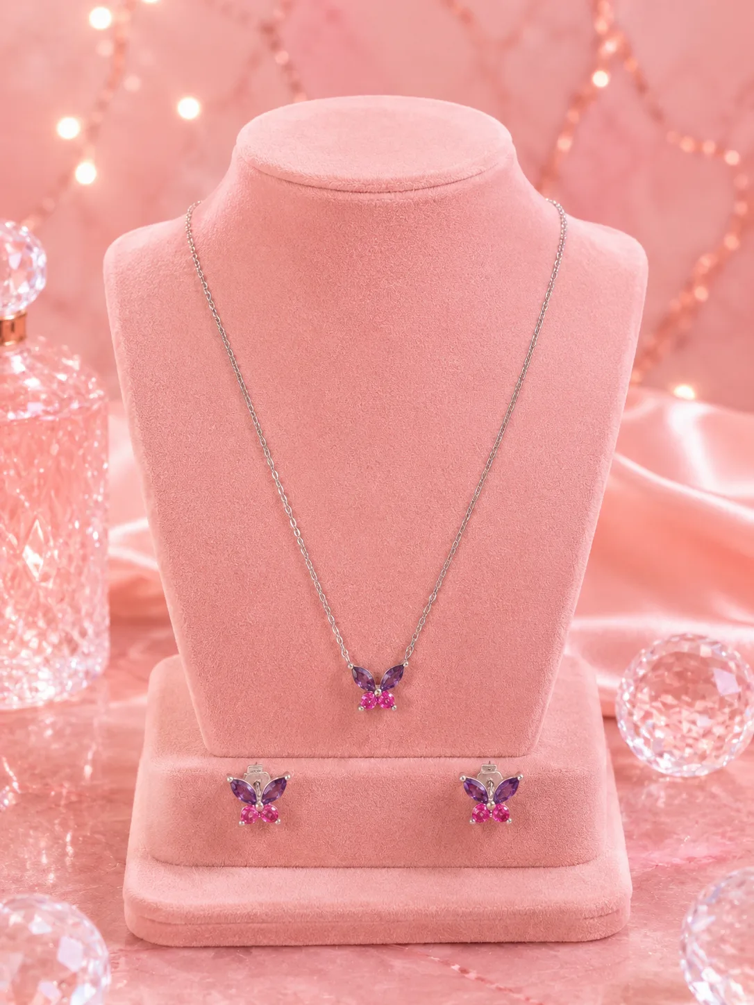 Mira Amethyst & Pink Sapphire Butterfly Necklace & Earring Set