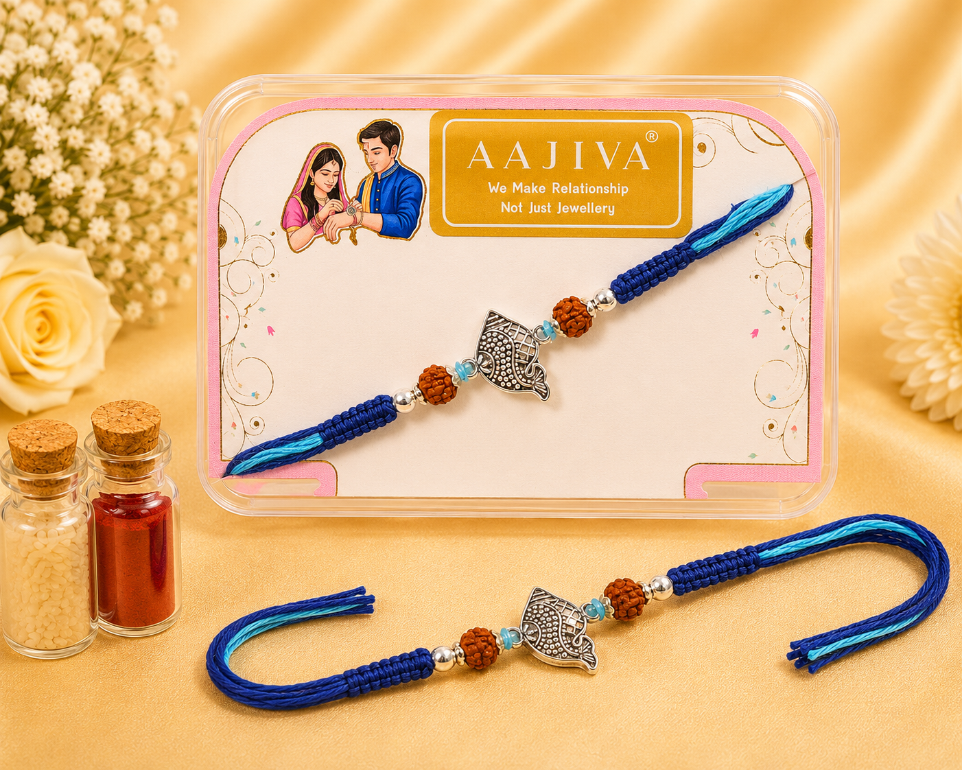 Silver Ganesh — Textured Silver Rakhi - Blue