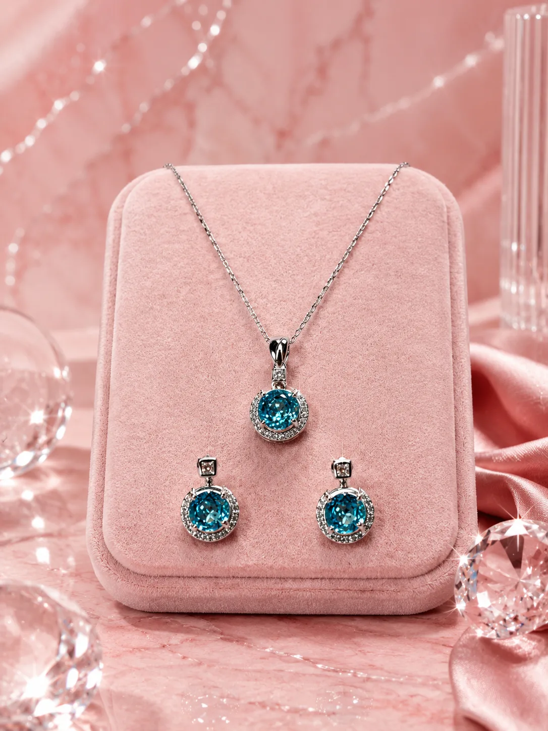 Marina Blue Topaz Halo Necklace & Earring Set