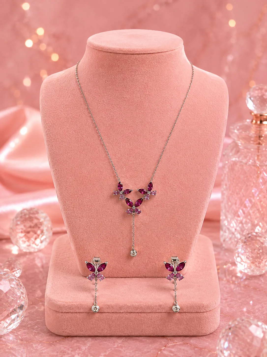 Magenta Ruby Twin Butterfly Necklace & Earring Set