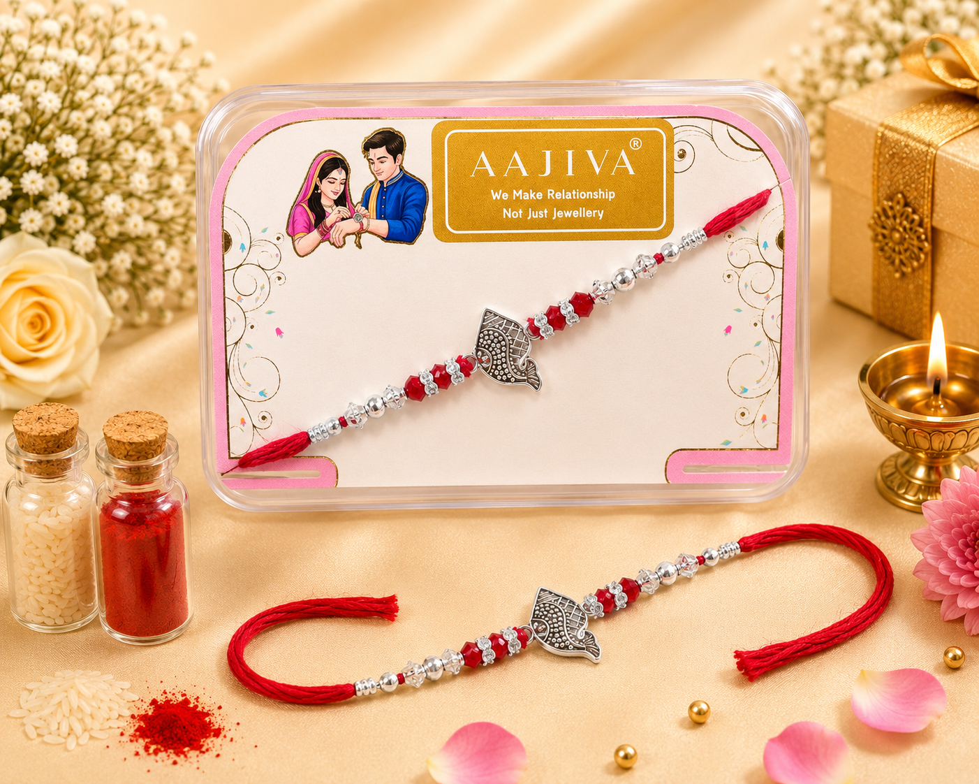 Silver Ganesh — Textured Silver Rakhi - Red