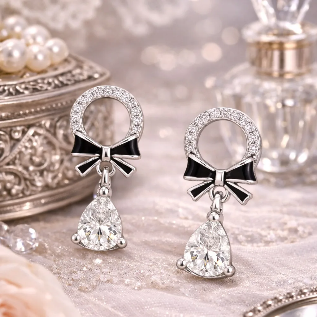 Black Bow Pear Drop Earrings