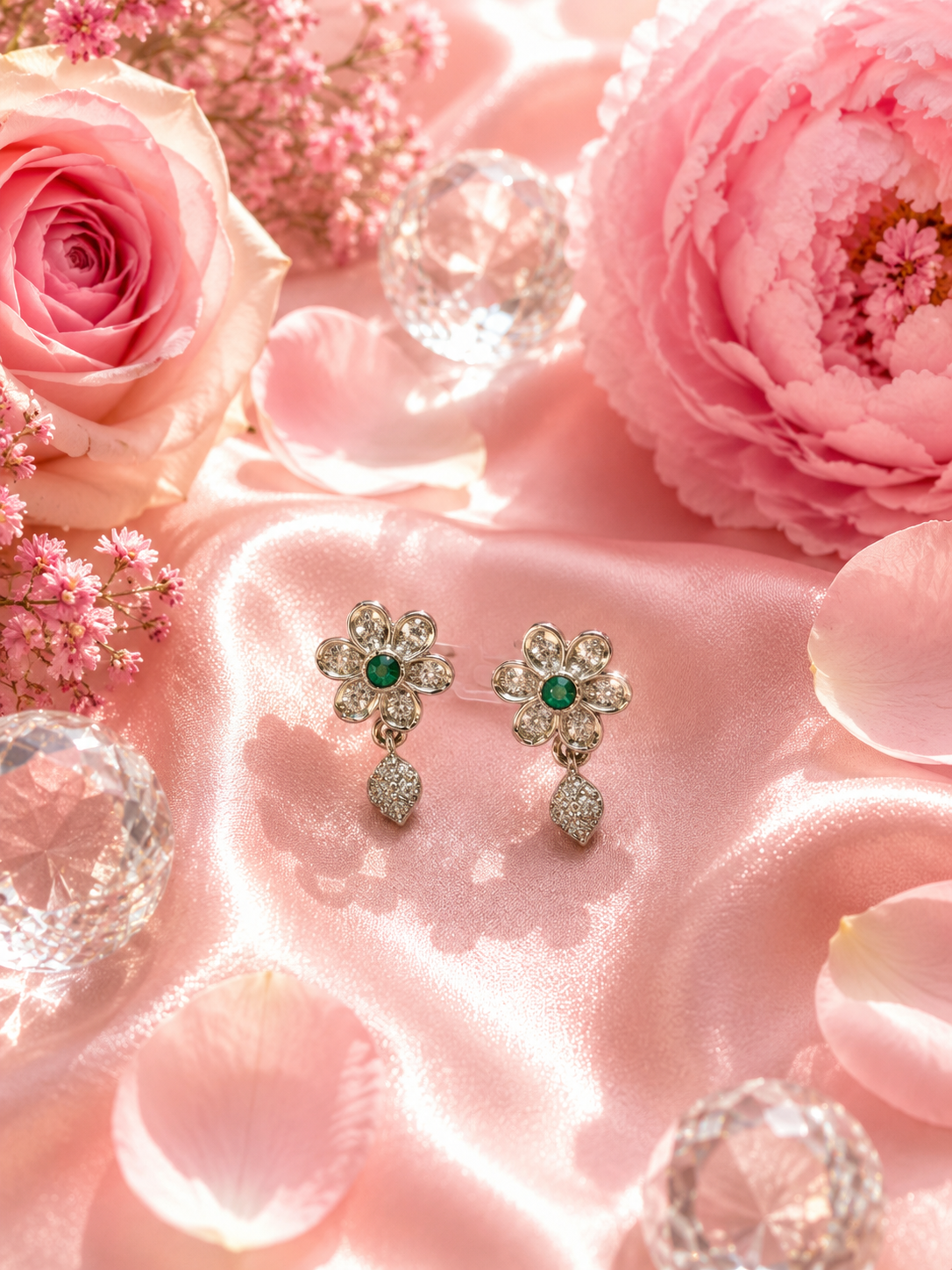 Pave Flower & Marquise Drop Earrings