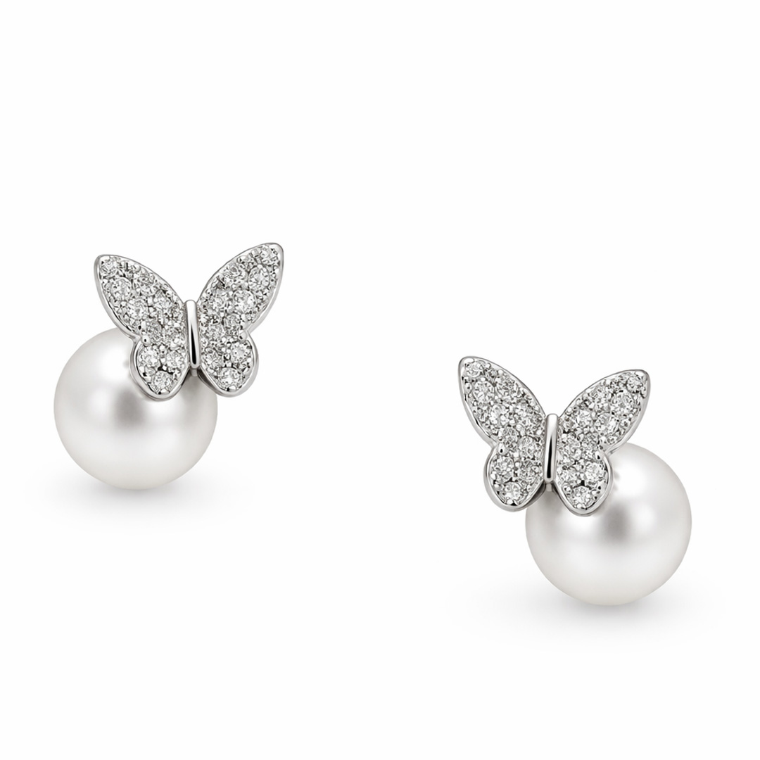 Pave Butterfly Pearl Stud Earrings