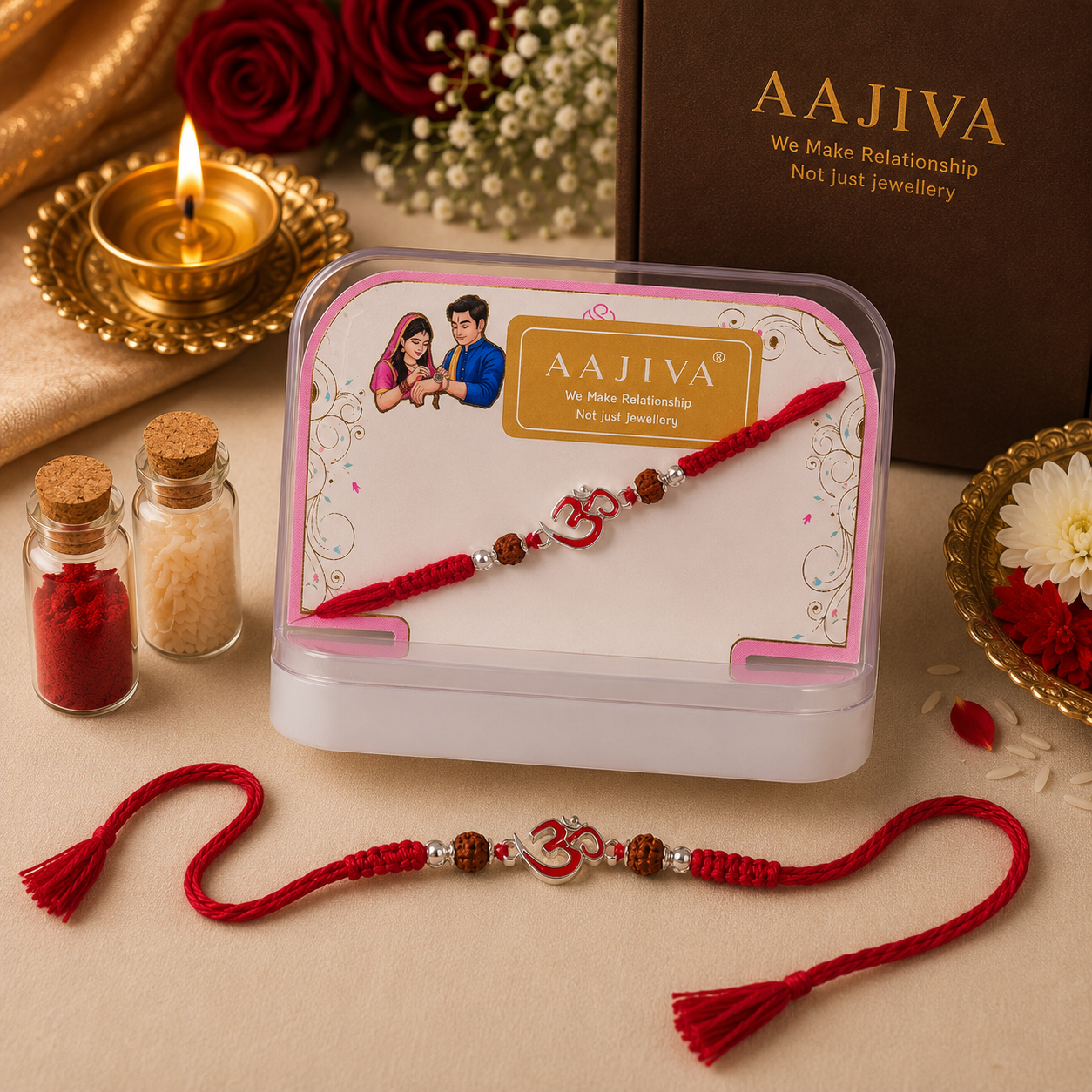AAJIVA Rakshak Om Silver Rakhi - Red