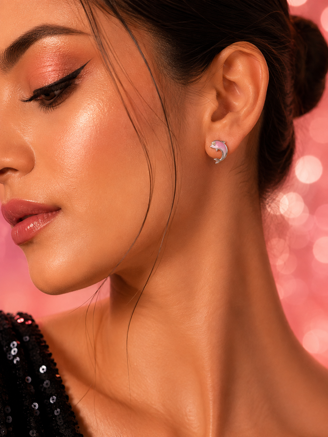 Pink Enamel Dolphin Stud Earrings