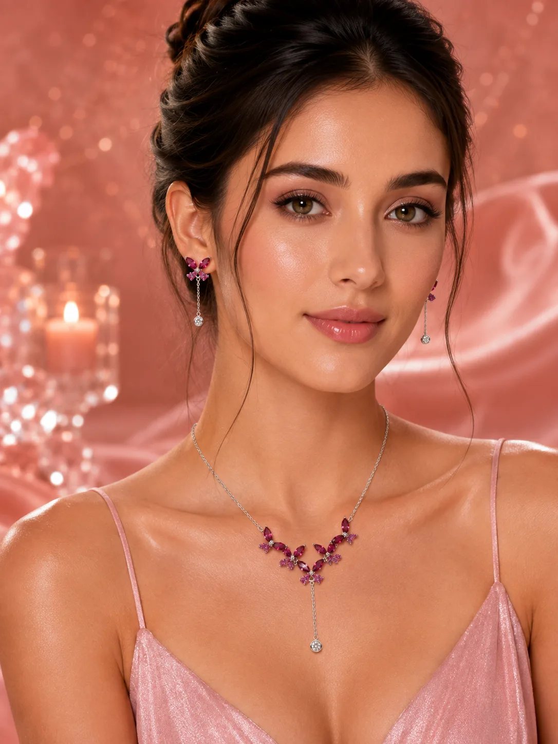 Magenta Ruby Twin Butterfly Necklace & Earring Set