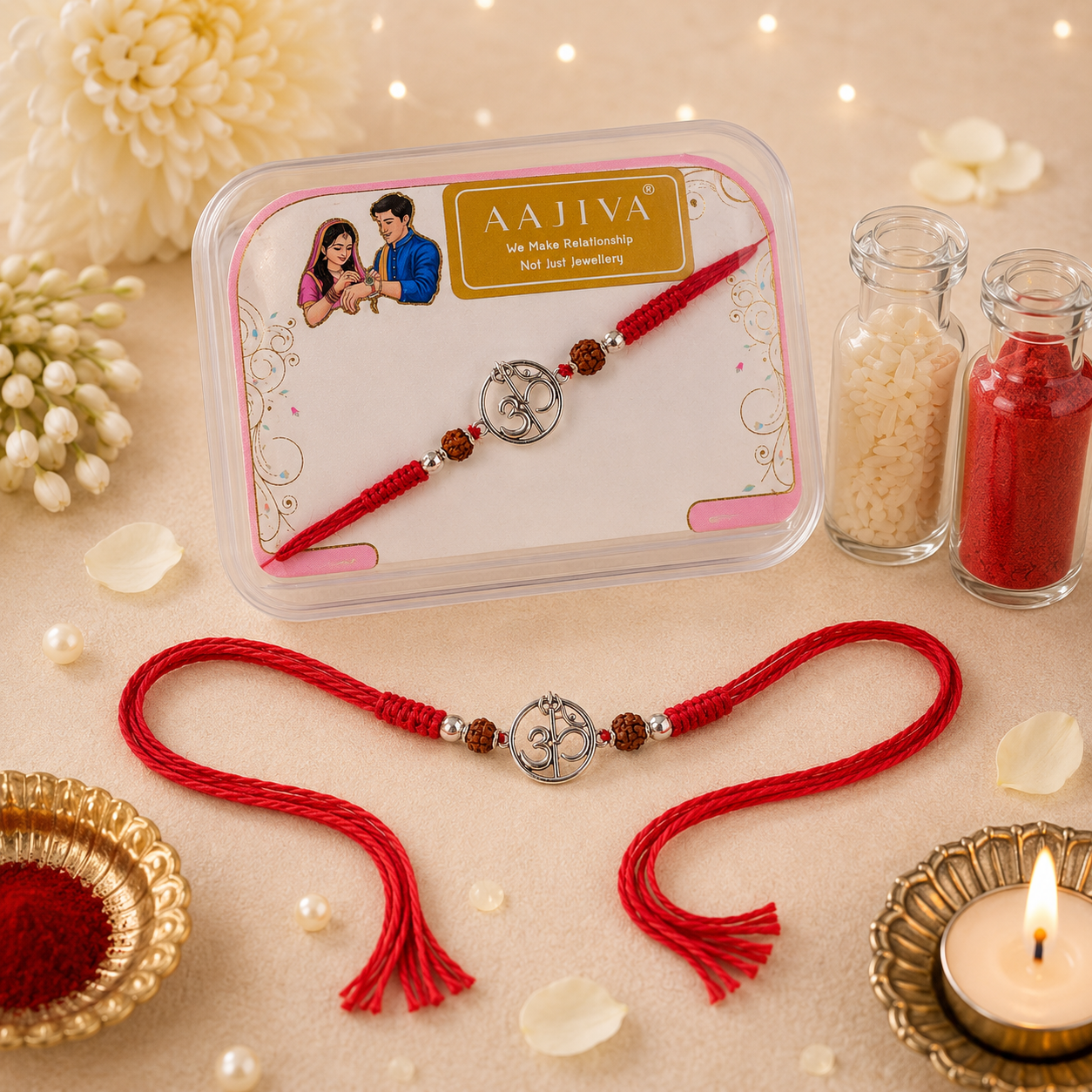 Om Vartul — Circular Silver Om Rakhi - Red