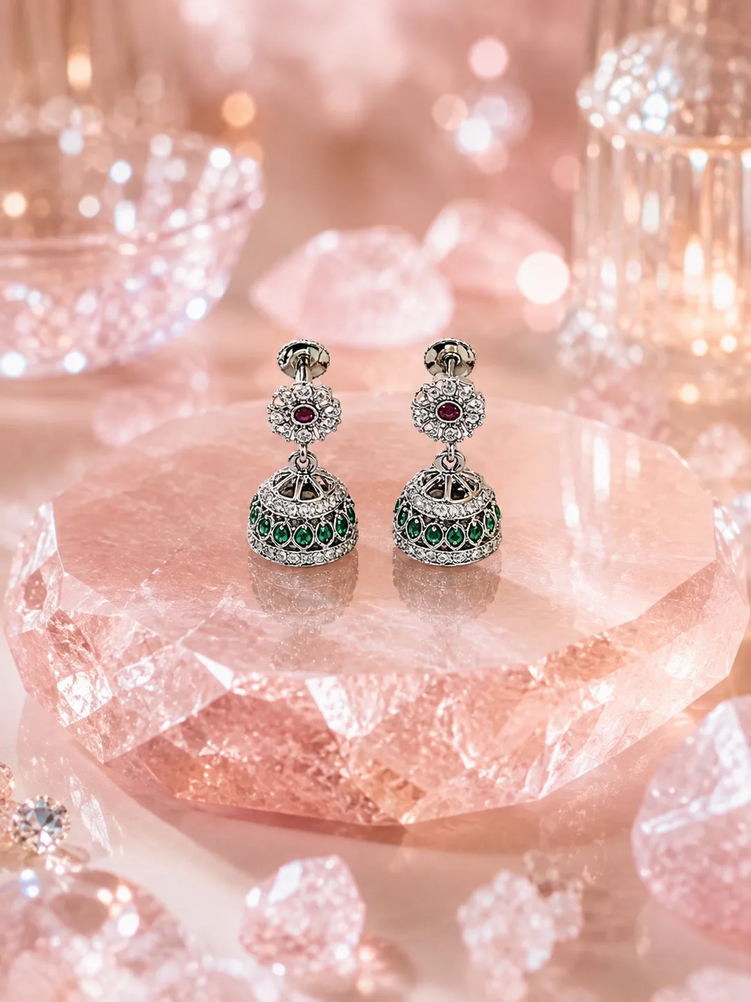 Floral Pave Jhumka Earrings With Emerald Accents