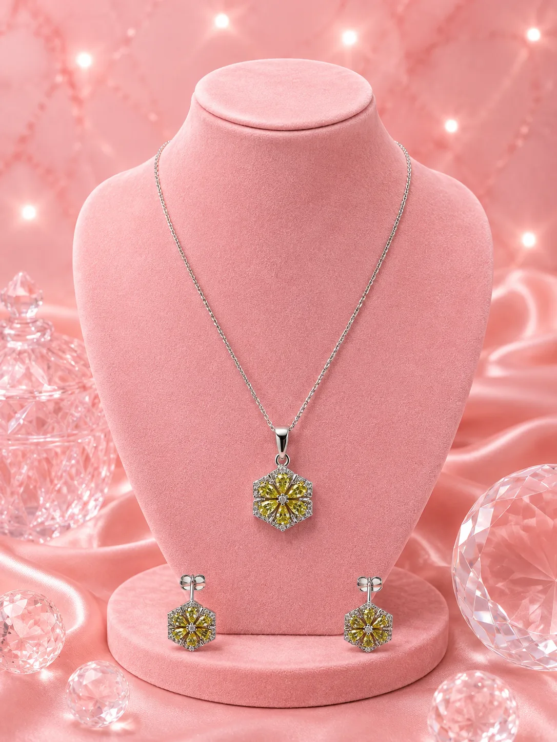 Sunflora Citrine Floral Halo Necklace & Earring Set