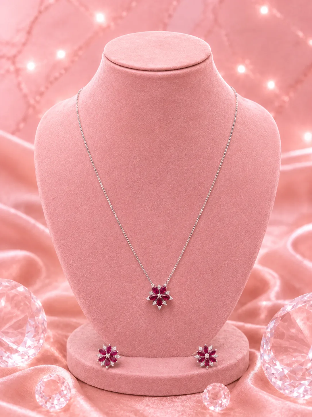 Ruby Blossom Floral Necklace & Earring Set