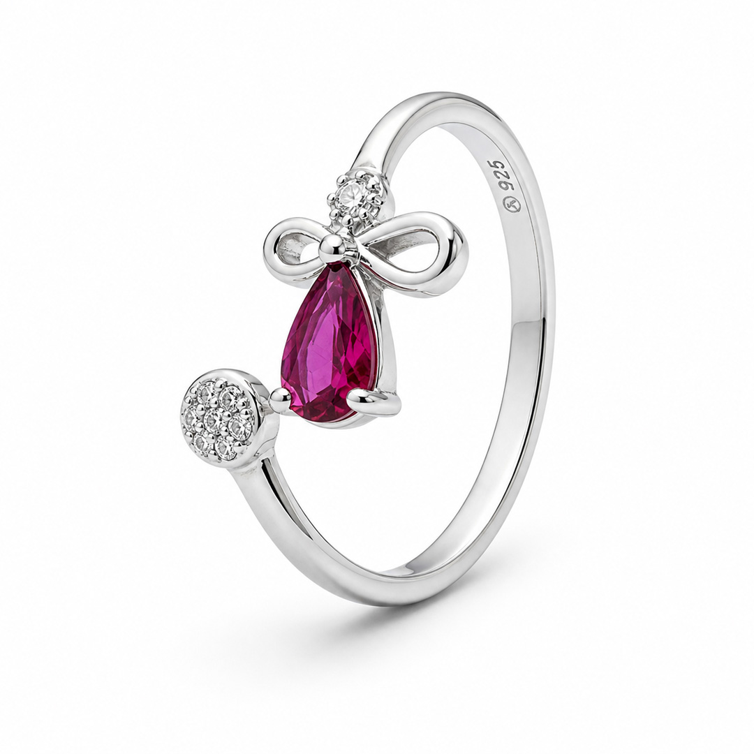 Rosette Bow & Ruby Pear Open Cuff Toe Ring (Pair)