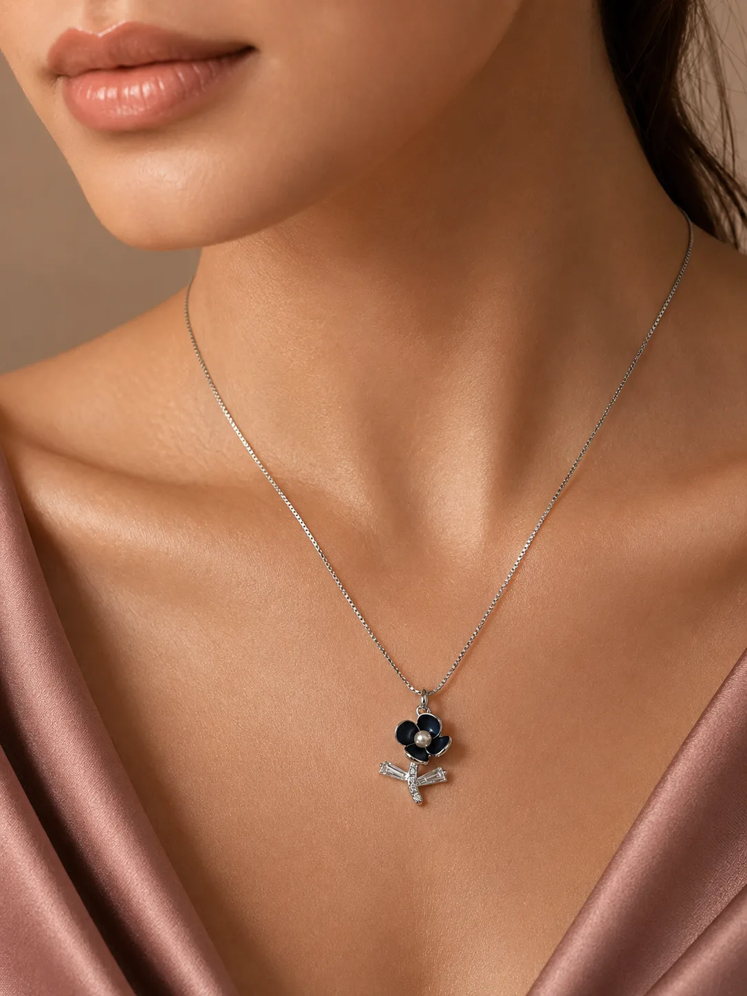 Black Enamel Flower & Pearl Pendant Necklace