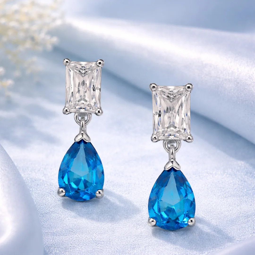 Emerald Cut & Blue Pear Drop Earrings