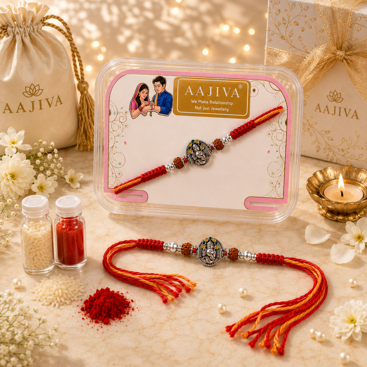 AAJIVA Ganesh Medallion Silver Rakhi - Red & Yellow