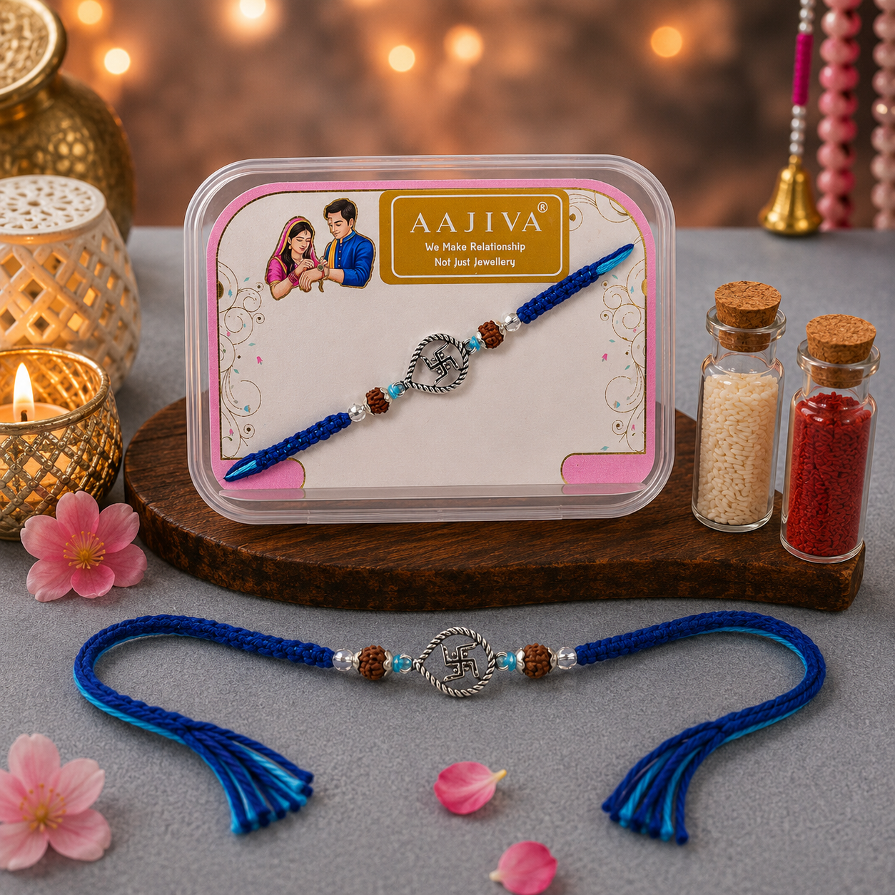 AAJIVA Swastik Charm Silver Rakhi - Blue