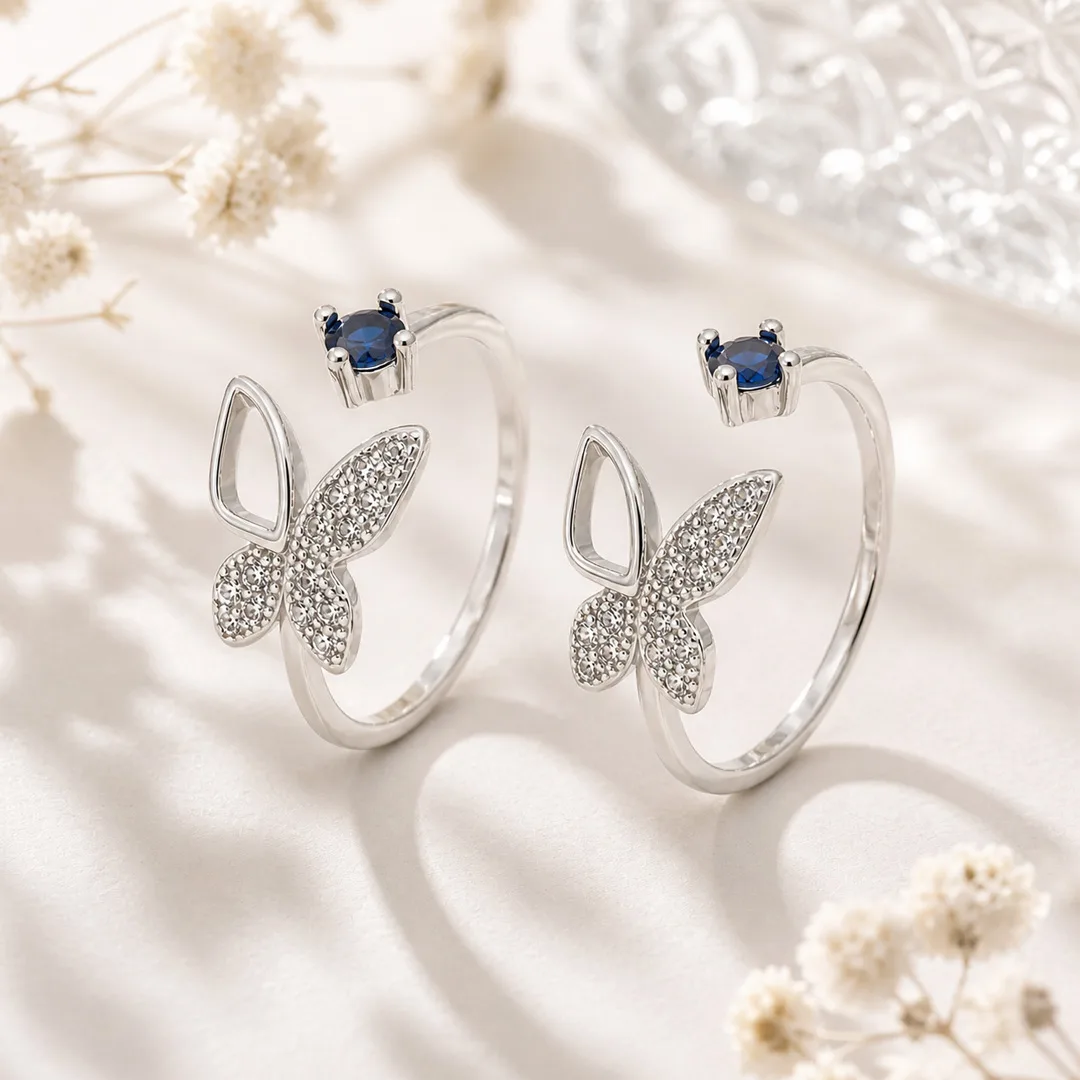 Papillon Pavé Butterfly & Sapphire Open Cuff Toe Ring (Pair)