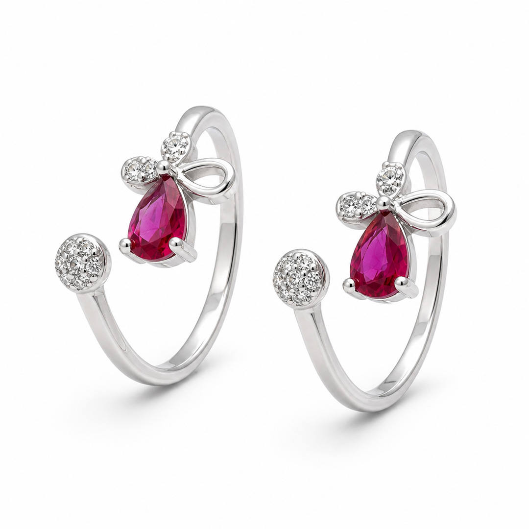 Rosette Bow & Ruby Pear Open Cuff Toe Ring (Pair)