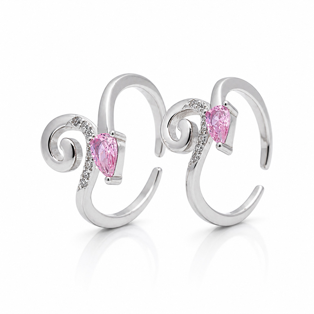 Vine Swirl Pink Pear Open Cuff Toe Ring (Pair)