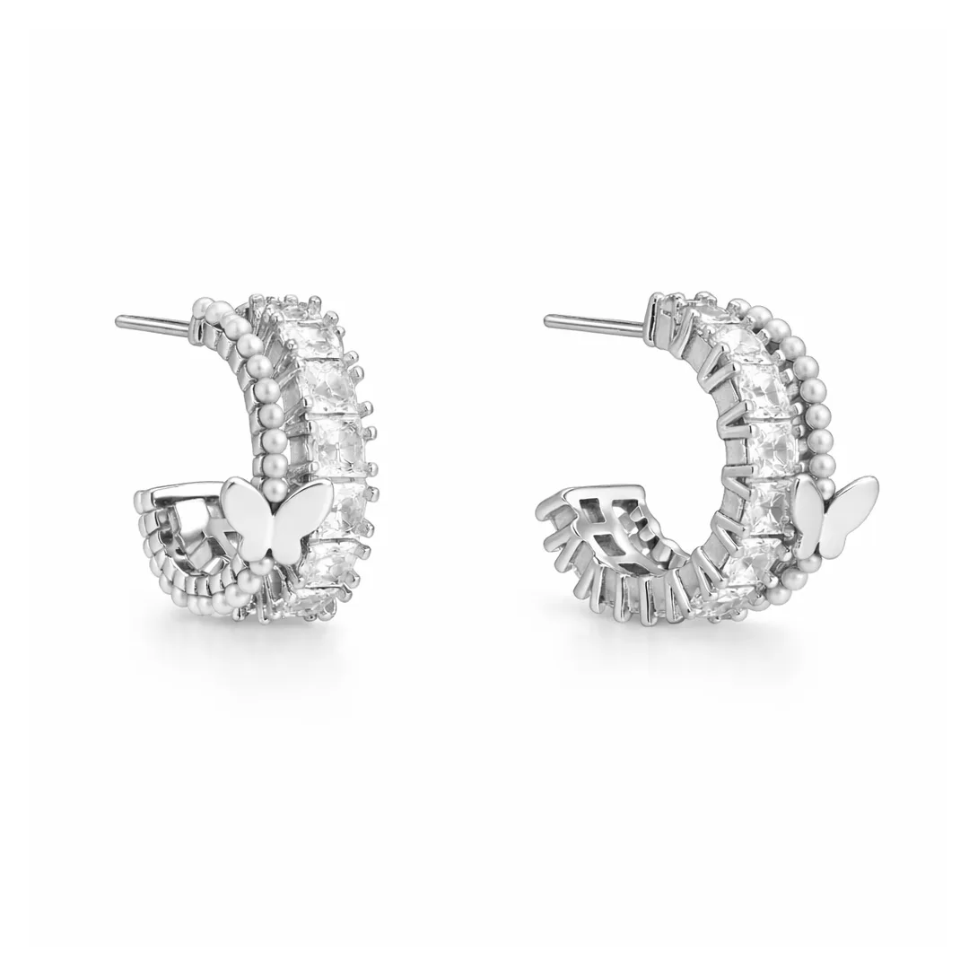 Princess Cut Beaded Hoop Earrings with Butterfly Charm