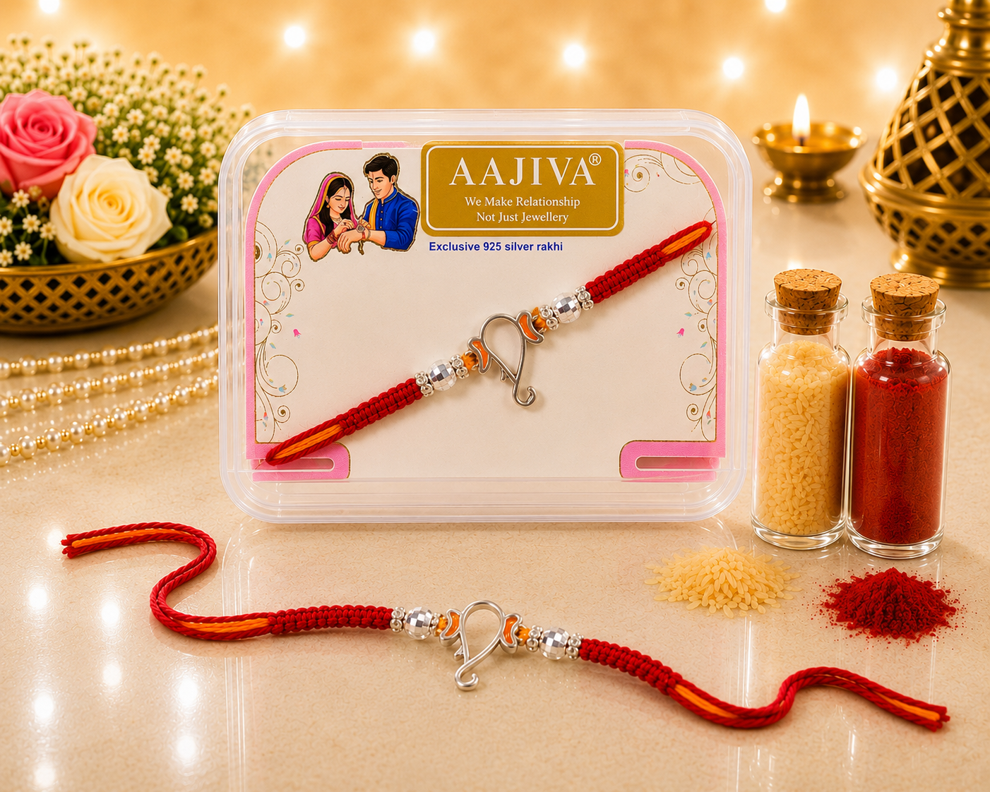 AAJIVA Vinayak Silver Rakhi - Red & Yellow