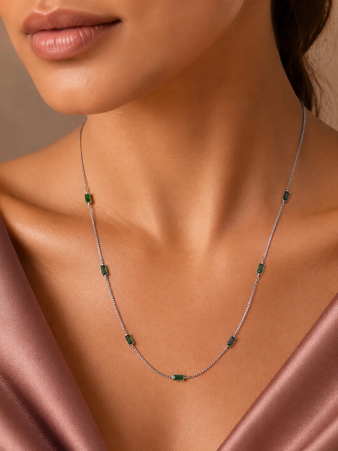 Emerald Baguette Station Necklace