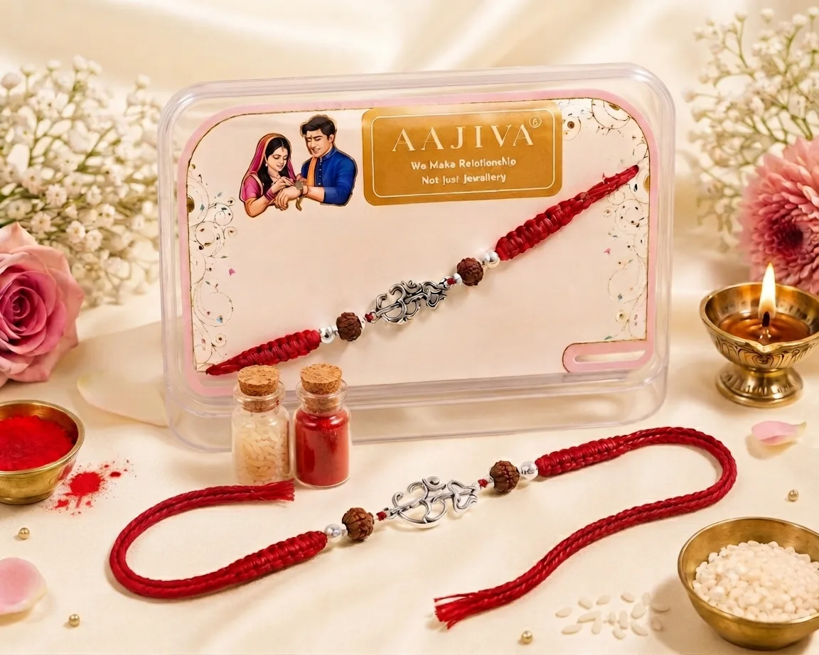 Om Shakti — 925 sterling silver Om rakhi - Red