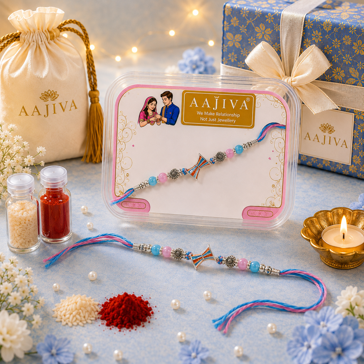 AAJIVA Damru Charm Silver Rakhi - Pink & Blue